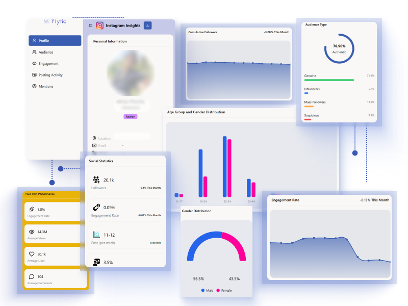 Ylytic creator insights: audience authenticity, follower growth and engagement for a single creator profile